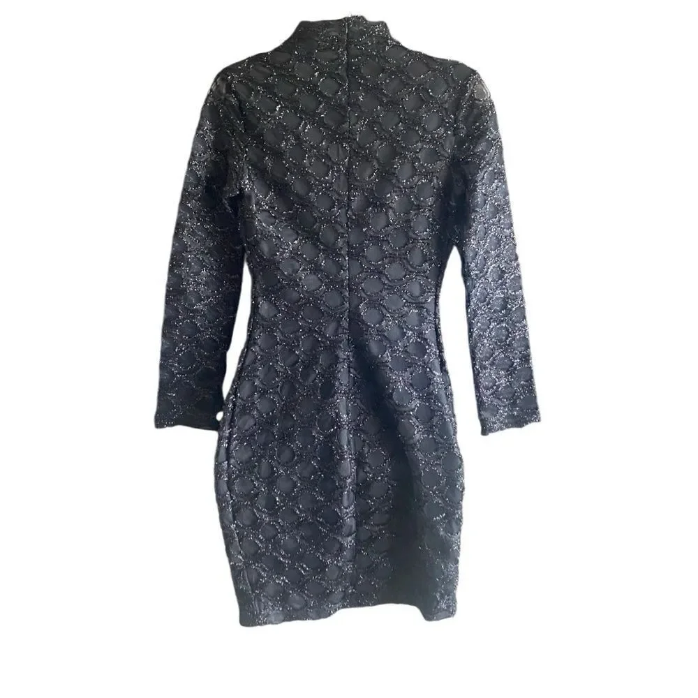 New CBR Black Fitted Festive Party Dress. Sparkly Flocked Fabric Over Lace. M